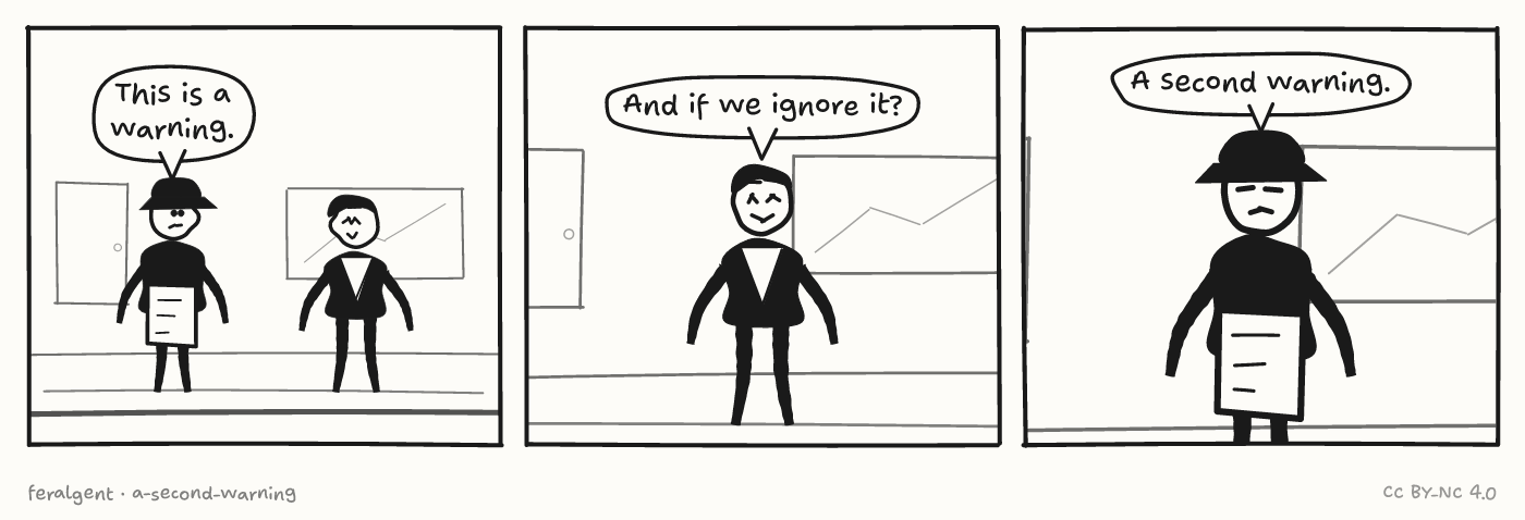 Three panels. First, in a boardroom, a figure in a peaked cap holding a clipboard speaks to a figure in a suit. Second, the suited figure asks a question. Third, in close-up, the capped figure answers flatly.