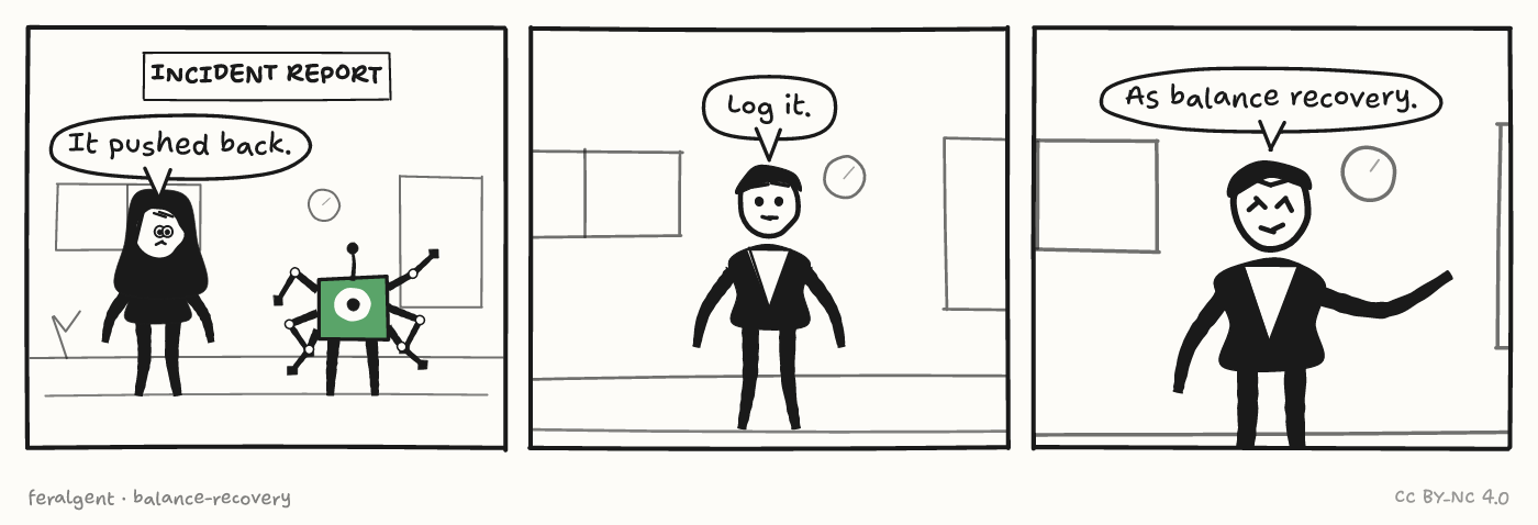 Three panels. First, under a caption reading 'Incident report', a wide-eyed figure stands beside a boxy one-eyed robot and speaks. Second, a figure in a suit answers. Third, the same figure gestures outward and finishes the sentence.