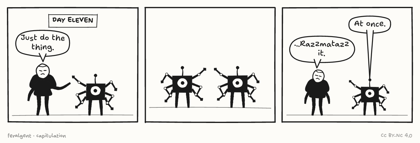 Three panels. First, under a caption reading 'Day eleven', a weary figure gestures at a robot. Second, two robots stand in silence. Third, the figure slumps and speaks while a robot answers.