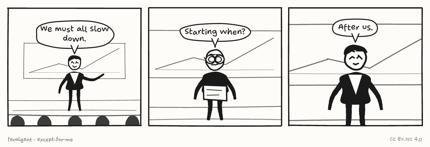 Three panels on a stage. First, a figure in a suit gestures outward and speaks. Second, a figure with glasses asks a question. Third, in close-up, the suited figure answers.