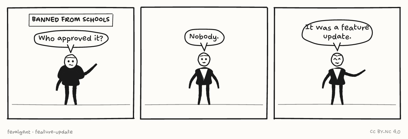 Three panels. First, under a caption reading 'Banned from schools', a figure in a dark top points and speaks. Second, a figure in a suit answers with one word. Third, the suited figure gestures outward and speaks.