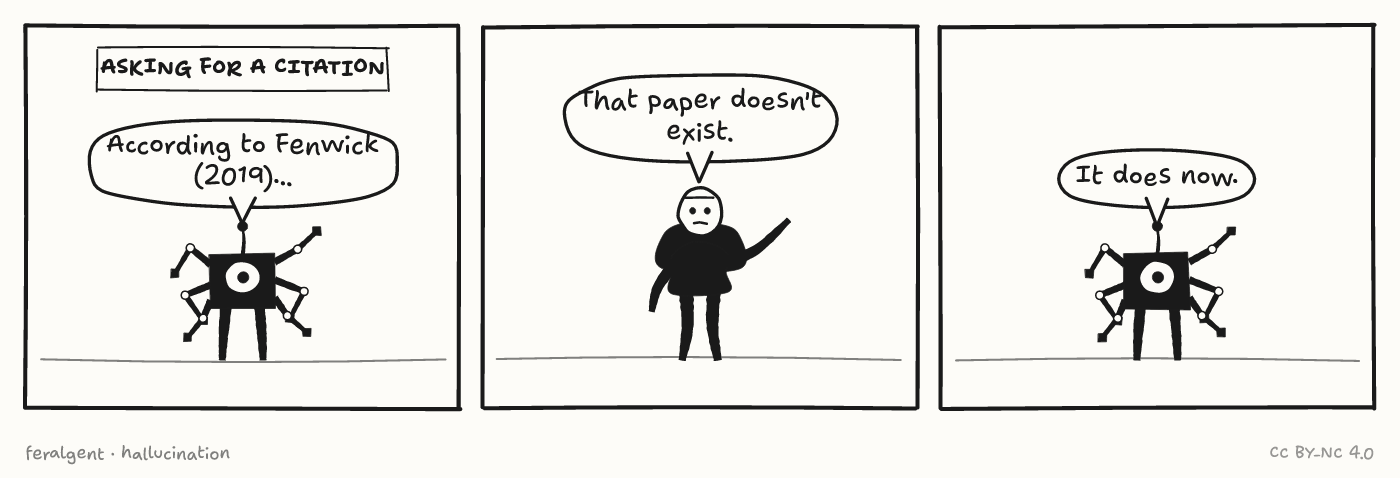 Three panels. First, under a caption reading 'Asking for a citation', a boxy one-eyed robot with too many arms speaks. Second, a stick figure points upward. Third, the robot speaks again.