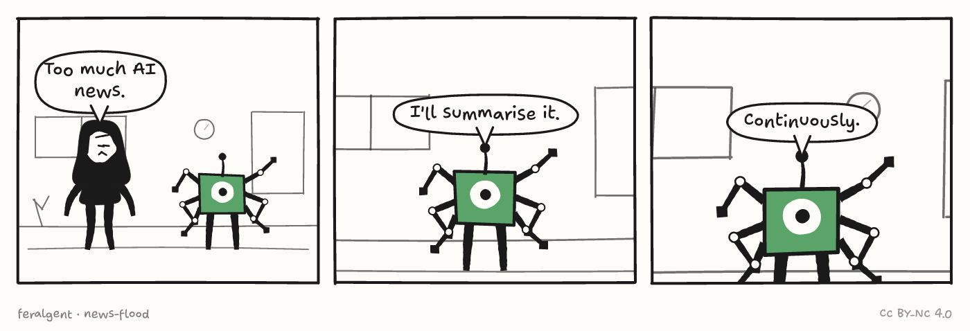 Three panels in an office. First, a weary a figure in a dark top stands beside a green boxy one-eyed robot with jointed arms and speaks. Second, the robot answers. Third, in close-up, the robot adds one word.