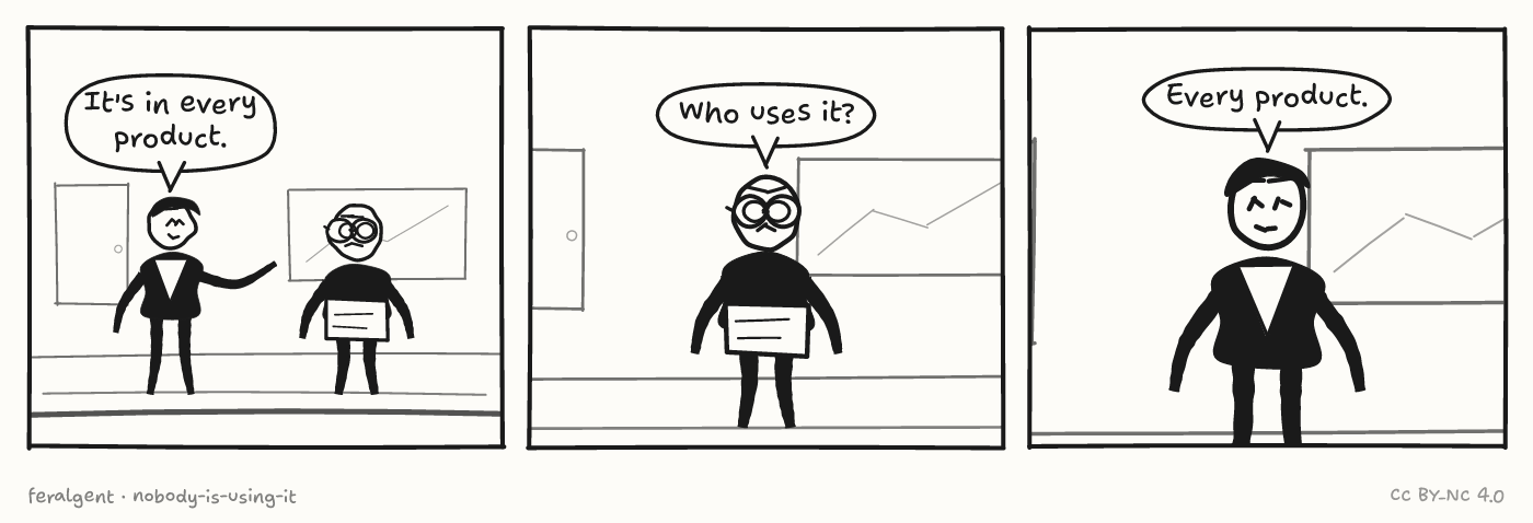 Three panels in a boardroom. First, a figure in a suit gestures outward while a figure with glasses looks on. Second, the figure with glasses asks a question. Third, in close-up, the suited figure repeats himself.
