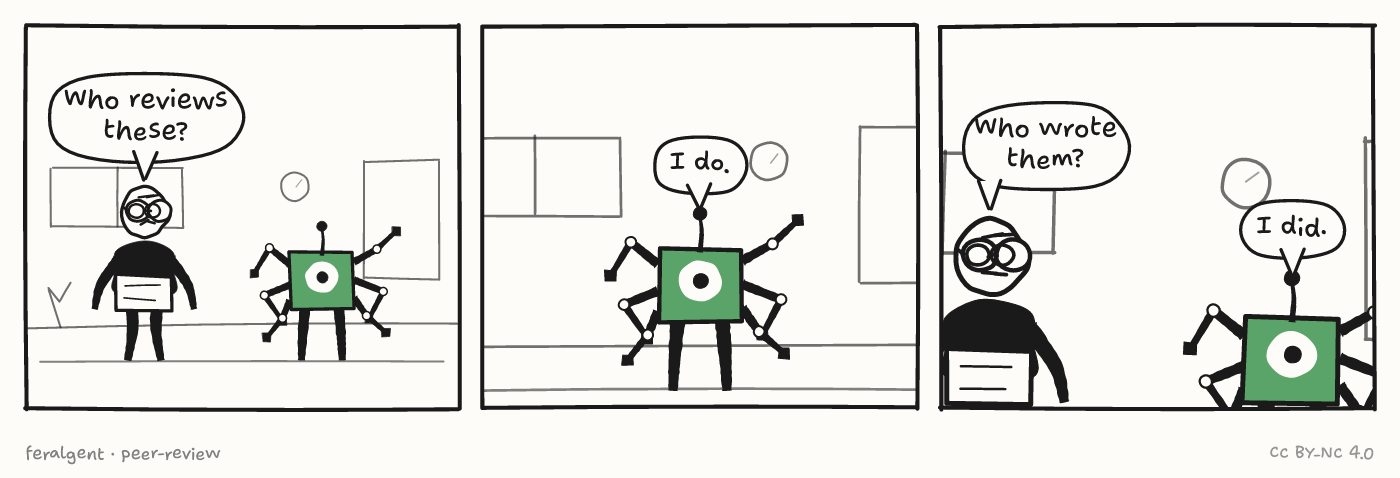 The citations check out against each other. Three panels. First, in an office, a weary figure with glasses stands beside a green boxy one-eyed robot and asks a question. Second, the robot answers. Third, in close-up, the figure asks again and the robot answers.