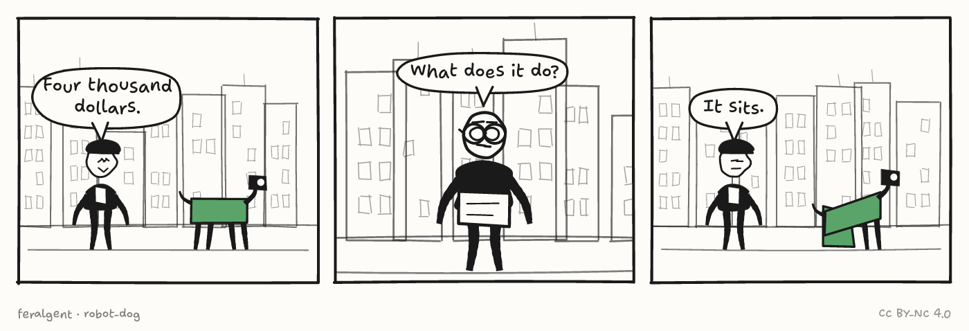 Three panels against a city skyline. First, a small figure in a beanie stands beside a green four-legged robot and speaks. Second, a figure with glasses asks a question. Third, the same view as the first, except the robot has folded its back legs and sat down.