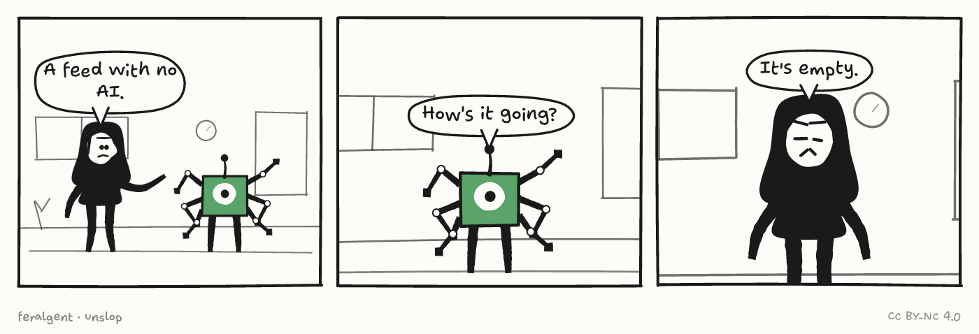 Three panels in an office. First, a figure in a dark top gestures outward beside a green boxy one-eyed robot with jointed arms and speaks. Second, the robot asks a question. Third, in close-up, the figure answers wearily.